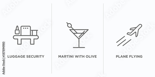 airport terminal outline icons set. thin line icons such as luggage security, martini with olive, plane flying vector. linear icon sheet can be used web and mobile