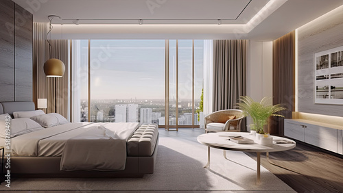A bedroom with a minimalistic interior  featuring floor-to-ceiling glass windows that provide panoramic city views  photorealistic illustration  Generative AI