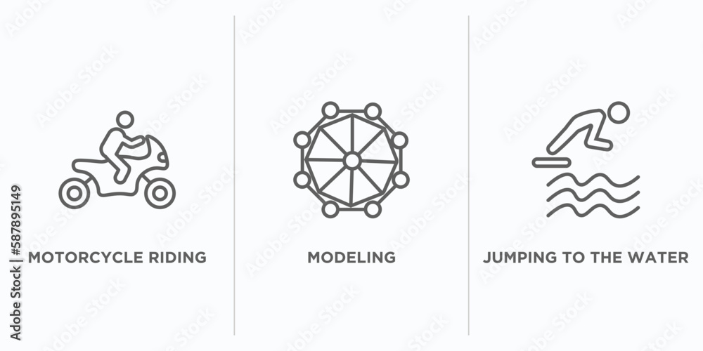 activity and hobbies outline icons set. thin line icons such as motorcycle riding, modeling, jumping to the water vector. linear icon sheet can be used web and mobile