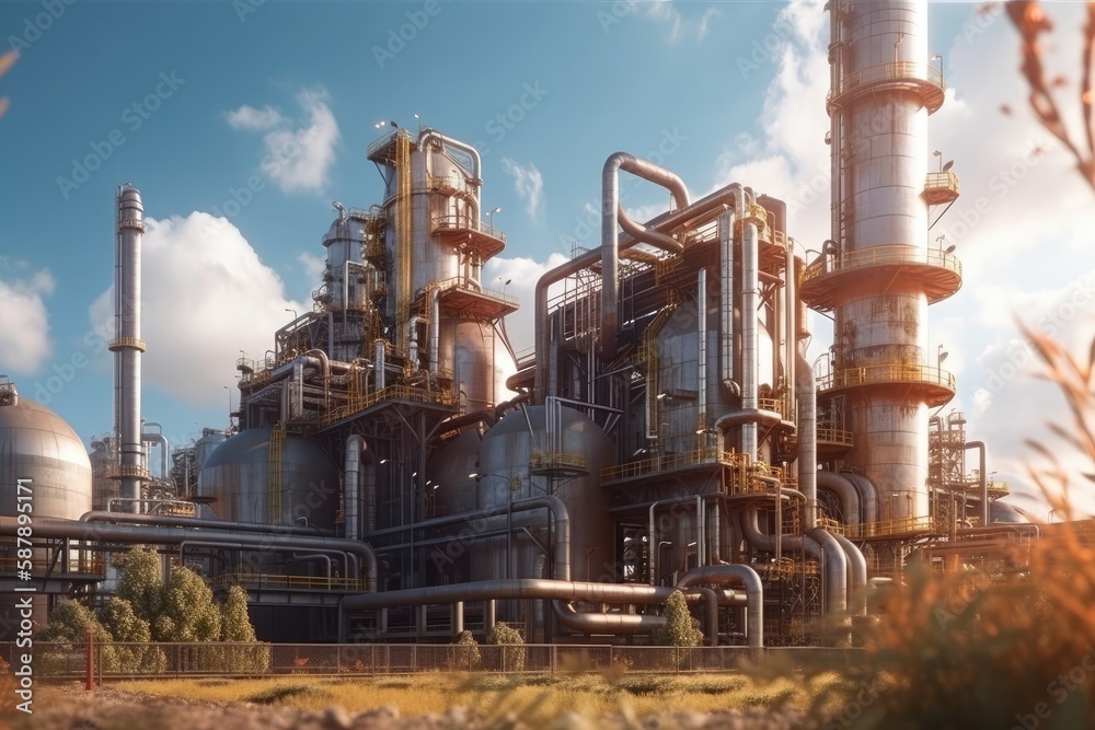 Illustration of an industrial plant with pipes and tanks. Generative AI Illustration of an industrial plant with pipes and tanks. Generative AI