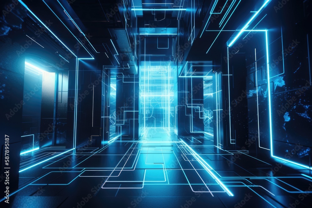 dimly lit room with vibrant neon lights and a closed door in the background. Generative AI dimly lit room with vibrant neon lights and a closed door in the background. Generative AI