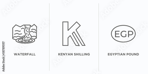 africa outline icons set. thin line icons such as waterfall, kenyan shilling, egyptian pound vector. linear icon sheet can be used web and mobile