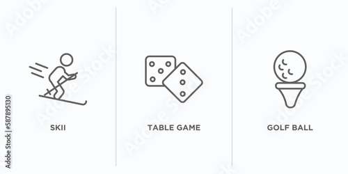 outdoor activities outline icons set. thin line icons such as skii, table game, golf ball vector. linear icon sheet can be used web and mobile