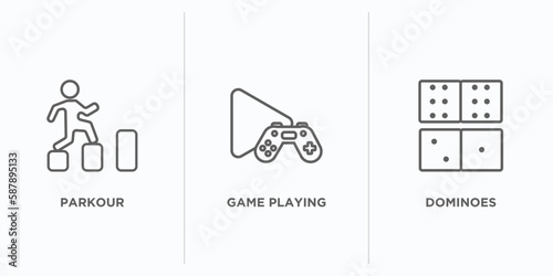 activity and hobbies outline icons set. thin line icons such as parkour, game playing, dominoes vector. linear icon sheet can be used web and mobile