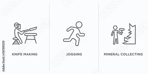 activity and hobbies outline icons set. thin line icons such as knife making, jogging, mineral collecting vector. linear icon sheet can be used web and mobile