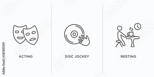activity and hobbies outline icons set. thin line icons such as acting, disc jockey, resting vector. linear icon sheet can be used web and mobile