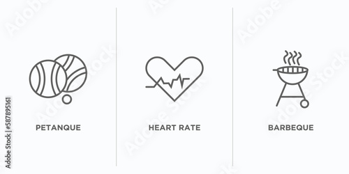 activity and hobbies outline icons set. thin line icons such as petanque, heart rate, barbeque vector. linear icon sheet can be used web and mobile photo