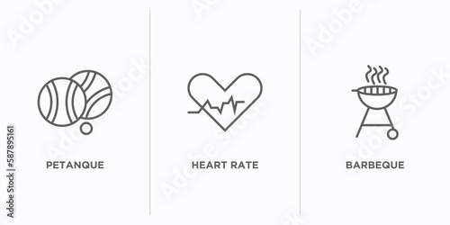 activity and hobbies outline icons set. thin line icons such as petanque, heart rate, barbeque vector. linear icon sheet can be used web and mobile