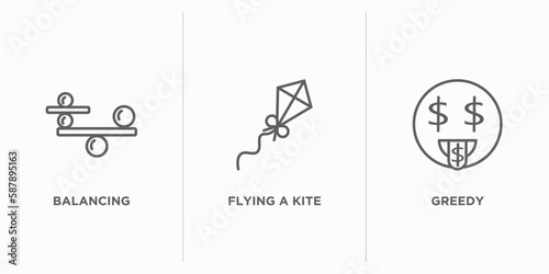 activity and hobbies outline icons set. thin line icons such as balancing, flying a kite, greedy vector. linear icon sheet can be used web and mobile