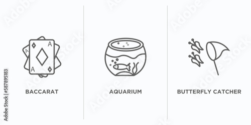 activity and hobbies outline icons set. thin line icons such as baccarat, aquarium, butterfly catcher vector. linear icon sheet can be used web and mobile