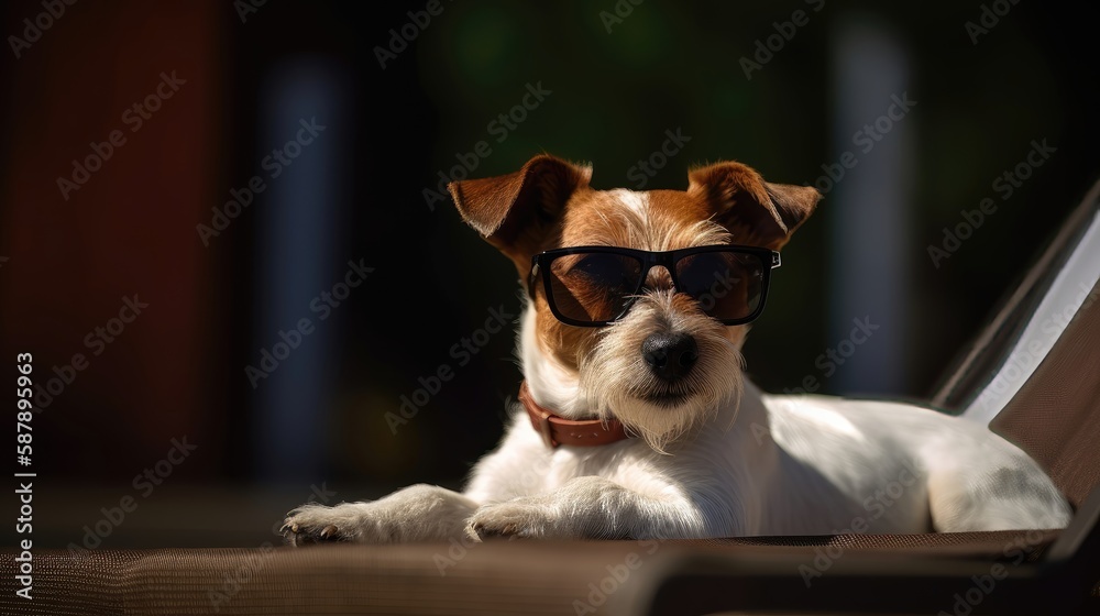 Terrier dog with sunglasses sunbathing on sun lounge. Generative AI Terrier dog with sunglasses sunbathing on sun lounge. Generative AI