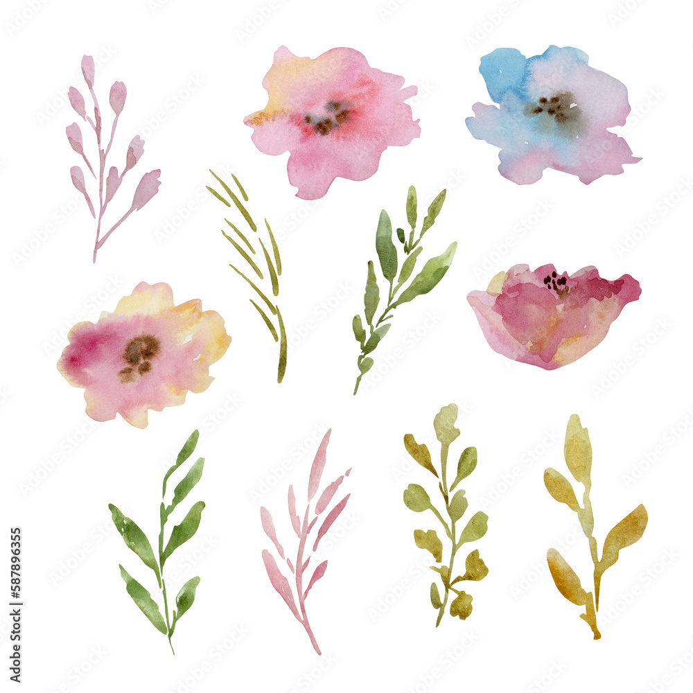 Watercolor bright abstract flowers and leaves