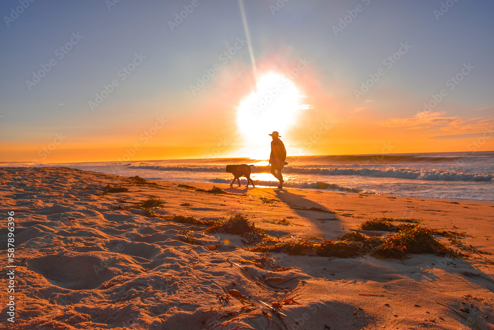 Guy walking his dog during sunrise on the beach