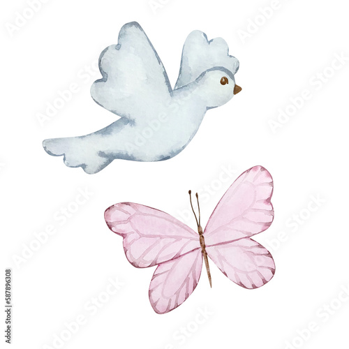 Watercolor dove and butterfly for easter design