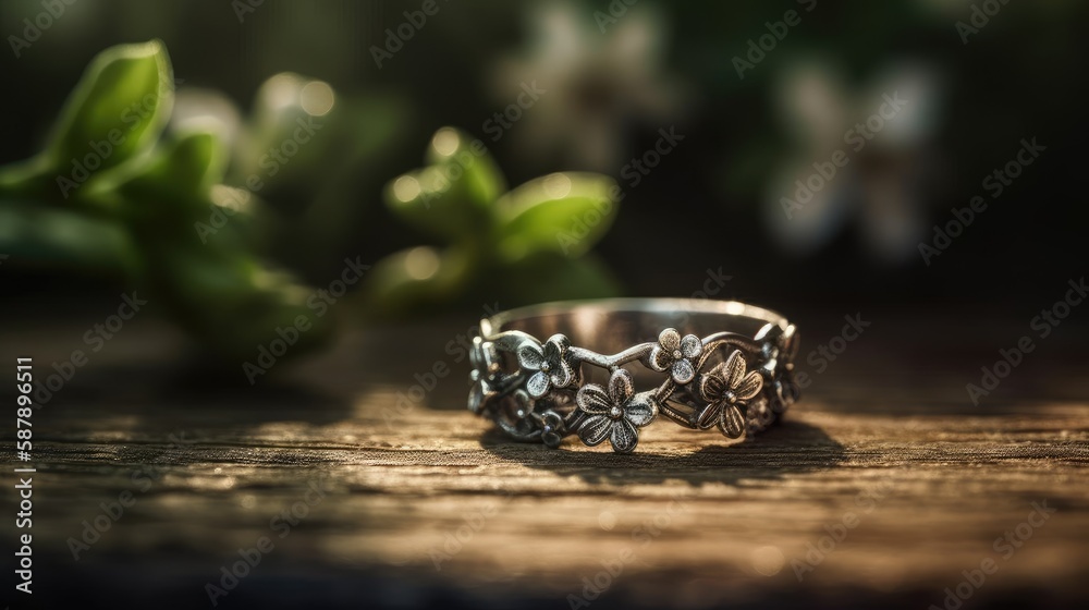 A close-up photograph of a delicate silver ring on a finger, adorned with a small flower ornament. The ring has a simple band with a smooth, shiny finish, and the small flower is intricately crafted w