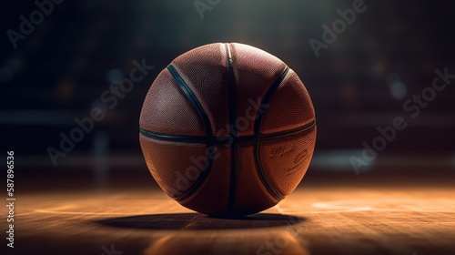 This is a close-up shot of a basketball spinning on a basketball court. The camera angle is low and provides an immersive view of the ball as it rotates on the court's surface. The dimpled texture of  © Blinix Solutions