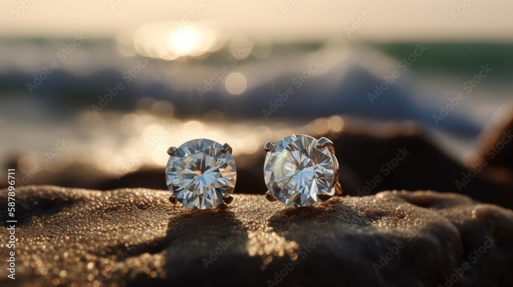 A pair of dazzling diamond earrings that sparkle in the sunlight, with the shimmering sea in the background. The earrings feature a sleek and elegant design, perfect for any occasion. The diamonds are - obrazy, fototapety, plakaty 