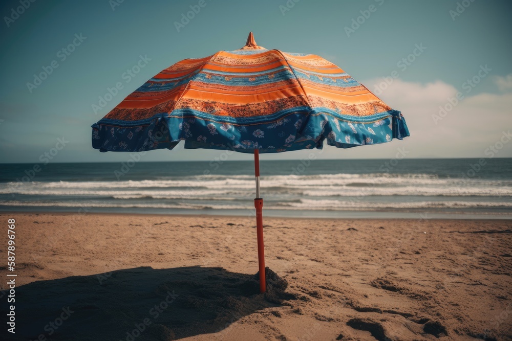 colorful beach umbrella casting shade on a sunny sandy beach. Generative AI