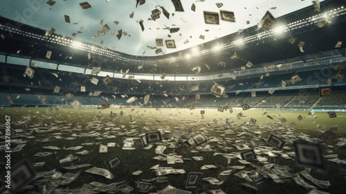 Banknotes falling on the soccer stadium Generated AI