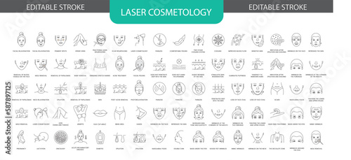 Laser cosmetology line icon set in vector, illustration of grinding stretch marks, fractional laser resurfacing, facial rejuvenation and refreshes the skin, wrinkles on the face. editable stroke.