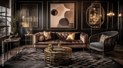 This image depicts a living room designed in the Art Deco style, featuring a bold and glamorous design. 