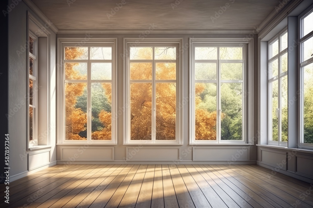 Illustration of an empty room with multiple windows providing natural light. Generative AI Illustration of an empty room with multiple windows providing natural light. Generative AI