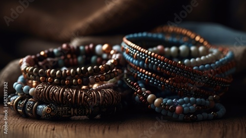 This image showcases a collection of boho-chic beaded bracelets in various earthy tones.