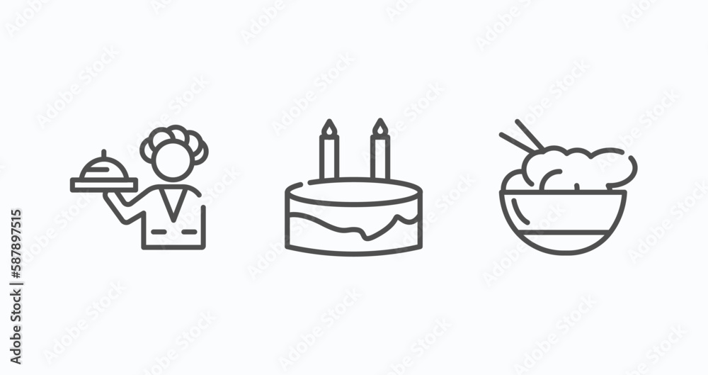 set of 3 thin line icons in food concept. outline icons including ...