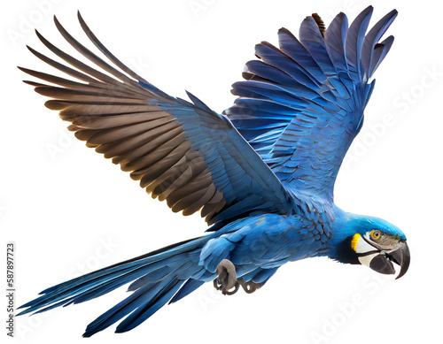 Beautiful macaw in flight for decoration project on a white background. generative AI