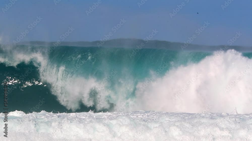 Slow Motion Shot Of Idyllic High Waves Splashing In Ocean Against Clear Sky On Sunny Day - Waikiki, Hawaii Slow Motion Shot Of Idyllic High Waves Splashing In Ocean Against Clear Sky On Sunny Day - Waikiki, Hawaii