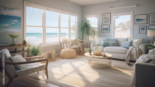 The furniture is crafted from natural materials such as rattan and wood, lending a beachy and organic feel to the space. Large windows allow for plenty of natural light to flood the room, creating a b