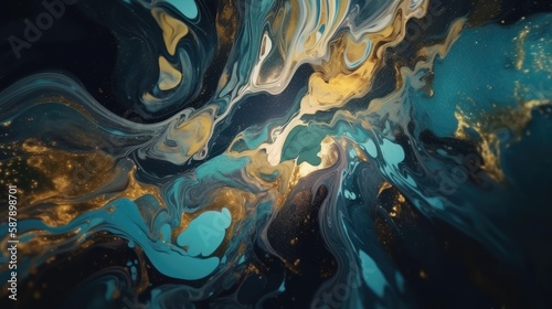 This stunning abstract painting features a marbling background with fluid swirls in a variety of colors.