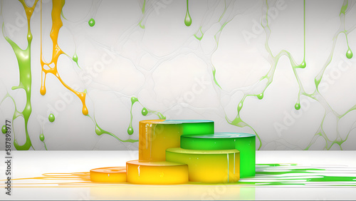 Stepped podium on a white background with liquid streaks green and yellow colors. Ai generative illustration