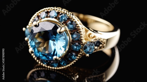 This stunning gold ring features a beautiful blue topaz and sapphire gemstone combination that sparkles in the light