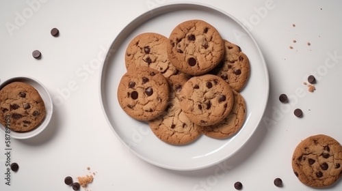 Top View, White Round Plate With Chocolate Chip Cookies. Generative AI