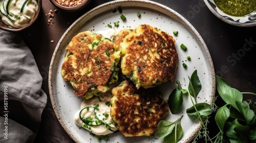 Top View, White Round Plate With Keto Zucchini Fritters. Generative AI