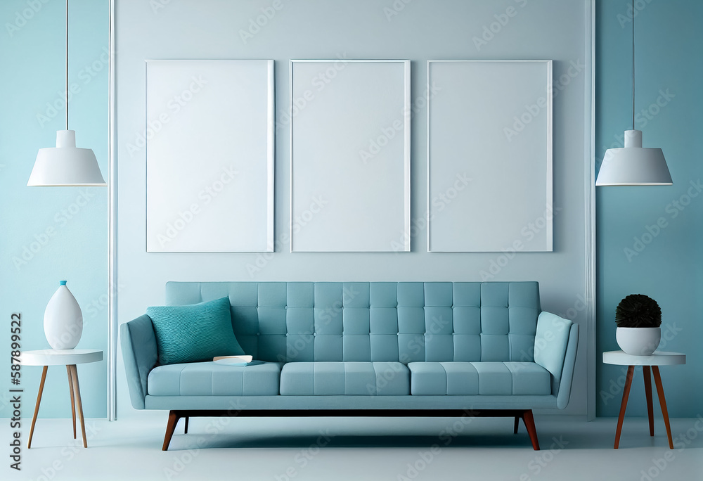 illustration of stylish modern tiffany blue living room with cozy sofa
