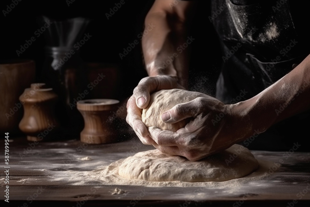 A man holds a dough in front of a dark background. AI generation