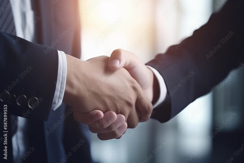Two men shaking hands with one of them shaking hands, one of them is wearing a suit. AI generation