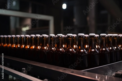 A line of bottles of beer on a conveyor belt AI generation