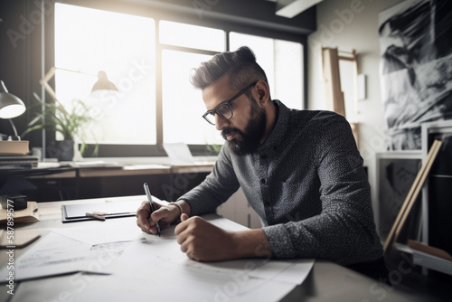 A man sits at a desk and writes on a piece of paper. AI generation
