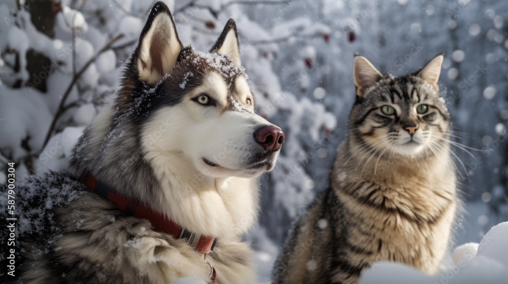 A beautiful winter scene featuring a majestic husky and a curious tabby cat, both surrounded by a snowy landscape and sparkling trees.