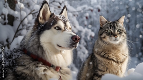 A beautiful winter scene featuring a majestic husky and a curious tabby cat  both surrounded by a snowy landscape and sparkling trees.
