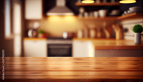 Rustic Farmhouse Kitchen - Empty Wooden Table with Out-of-Focus Lights Bokeh  Generative AI 