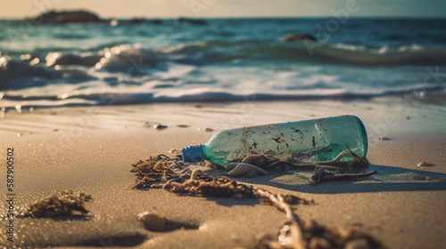 Garbage in the sea with plastic bottle on beach sandy dirty sea on the island Generated AI