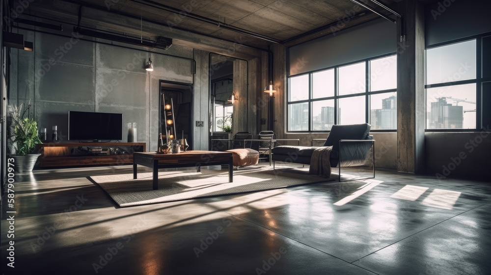 This living room showcases a modern, industrial design with sleek lines and metallic accents. The concrete walls and flooring add a raw edge while the plush sofa and armchair provide comfortable seati