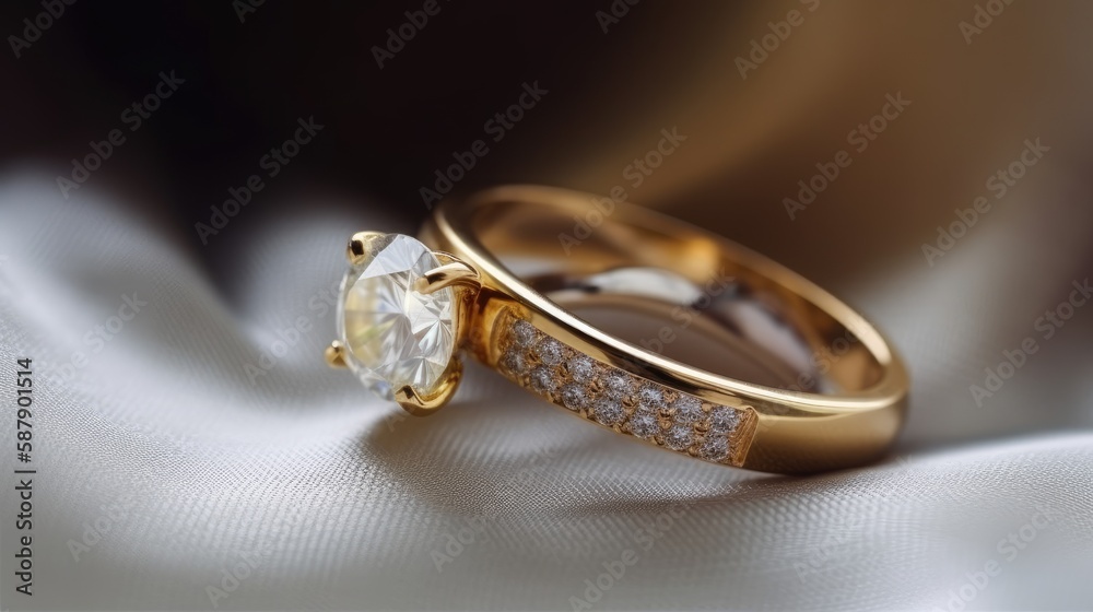 This image showcases a collection of opulent gold rings with sparkling diamond accents on a soft white cloth background with a subtle soft focus effect. This image showcases a collection of opulent gold rings with sparkling diamond accents on a soft white cloth background with a subtle soft focus effect.