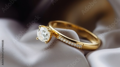 This image showcases a collection of luxurious gold rings with shimmering diamond accents on a soft white cloth background with a subtle soft focus effect. Each ring is a work of art with intricate de