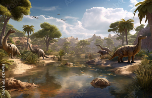 Fototapeta Naklejka Na Ścianę i Meble -  dinosaurs at watering hole