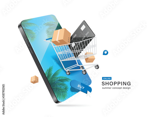 Parcel box and credit card float in shopping cart and below it is button buy and all on smartphone with view of coconut trees and sea sky on screen